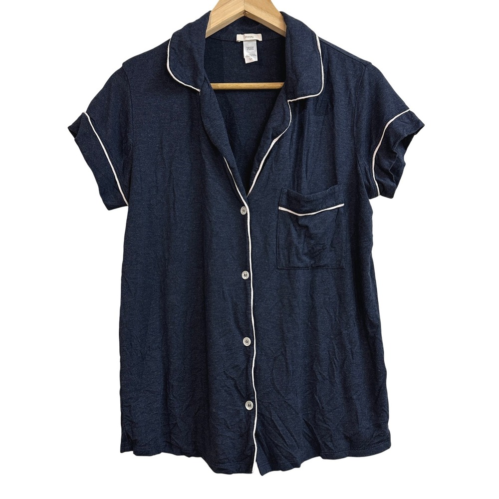 Eberjey Womens Pajama Top Short Sleeve Navy Blue Button Down‎ Size Small